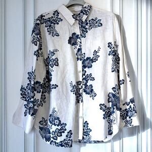 CHICO'S 100% Linen Watercolor Floral Print Button Front Shirt Size 14/L